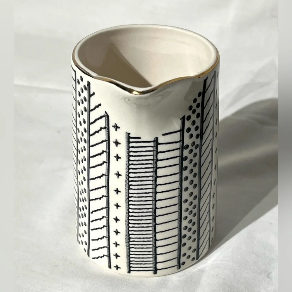 Creative Co-op Modern Stoneware Creamer Ivory w/ Black Design Gold Rim 8 oz.